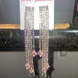 Betsey Johnson Chain Fringe Earrings with Dangling Enamel Pink Flowers